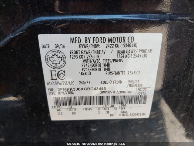2FMPK3J8XGBC43446 Ford EDGE SEL