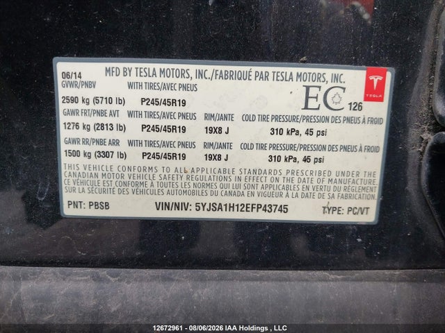 Aukcja sprzedaży 2014 Tesla Model S, vin: 5YJSA1H12EFP43745, numer aukcji: 12672961