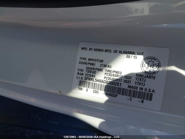 5FNRL5H66GB500261 Honda Odyssey Ex-l
