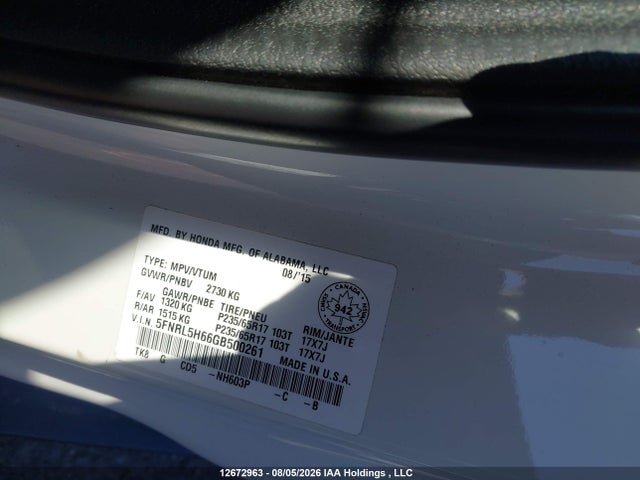 5FNRL5H66GB500261 Honda Odyssey Ex-l