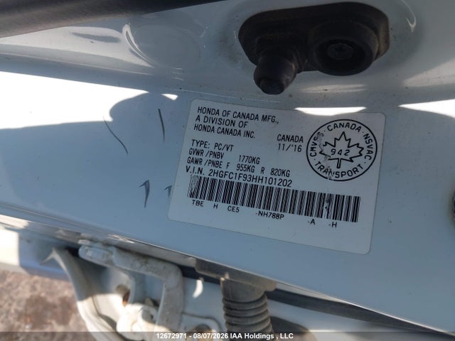 Aukcja sprzedaży 2017 Honda Civic Touring, vin: 2HGFC1F93HH101202, numer aukcji: 12672971