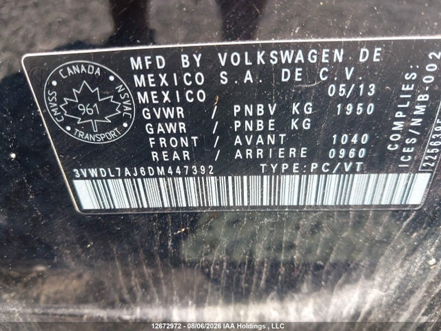 Продажа на аукционе авто 2013 Volkswagen Jetta 2.0 Tdi Comfortline, vin: 3VWDL7AJ6DM447392, номер лота: 12672972