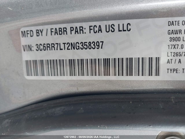 2022 Ram 1500 Classic Slt მანქანა იყიდება აუქციონზე, vin: 3C6RR7LT2NG358397, აუქციონის ნომერი: 12672982