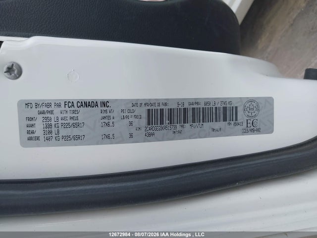 Продажа на аукционе авто 2019 Dodge Grand Caravan Gt, vin: 2C4RDGEG5KR515739, номер лота: 12672984