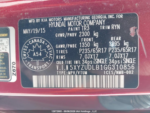 5XYZUDLB1GG310856 Hyundai SANTA FE SPORT