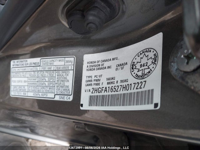 Продаж на аукціоні авто 2007 Honda Civic Lx, vin: 2HGFA16527H017227, номер лоту: 12672991