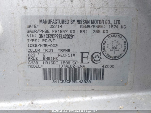 3N1CE2CP2EL423291 Nissan Versa Note S/s Plus/sv/sl