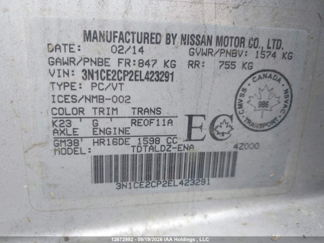 3N1CE2CP2EL423291 Nissan Versa Note S/s Plus/sv/sl