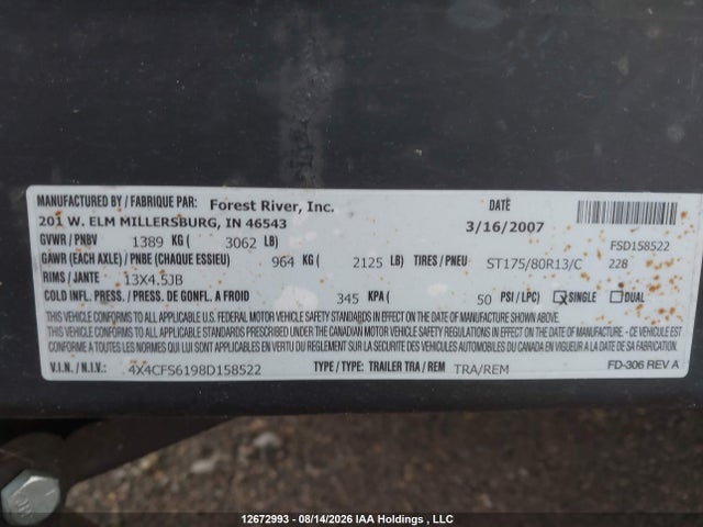 Aukcja sprzedaży 2008 Forest River Forest River Flagstaff Trailer, vin: 4X4CFS6198D158522, numer aukcji: 12672993