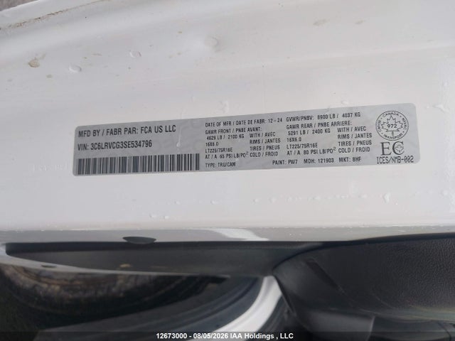 Продажа на аукционе авто 2025 Ram Promaster 2500 2500 High, vin: 3C6LRVCG3SE534796, номер лота: 12673000