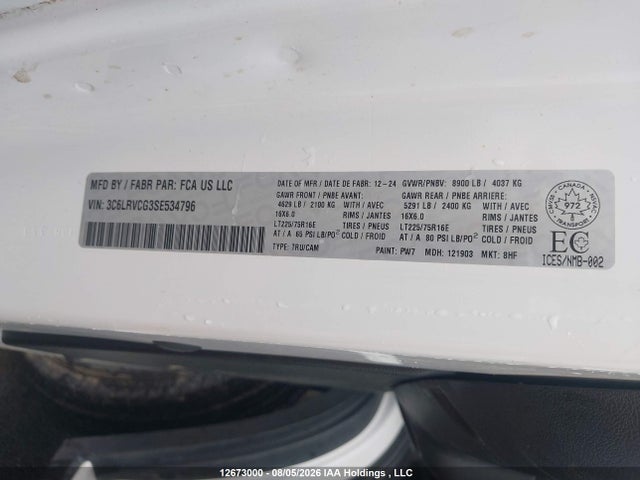 Продажа на аукционе авто 2025 Ram Promaster 2500 2500 High, vin: 3C6LRVCG3SE534796, номер лота: 12673000