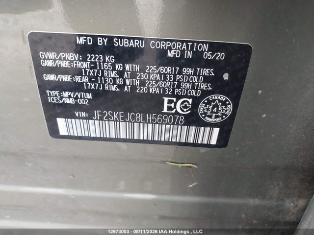 2020 Subaru Forester Touring მანქანა იყიდება აუქციონზე, vin: JF2SKEJC8LH569078, აუქციონის ნომერი: 12673003
