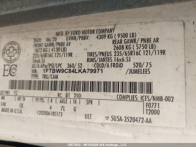 Продаж на аукціоні авто 2020 Ford Transit T-350, vin: 1FTBW9C84LKA79971, номер лоту: 12673032