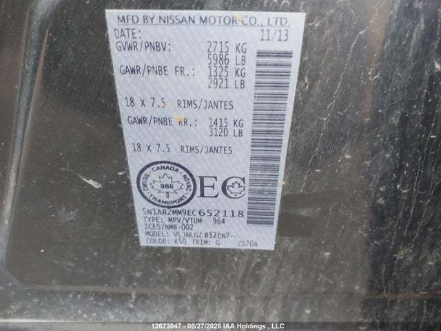 5N1AR2MM9EC652118 Nissan Pathfinder Platinum/s/sl/sv