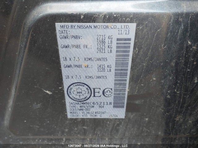 5N1AR2MM9EC652118 Nissan Pathfinder Platinum/s/sl/sv