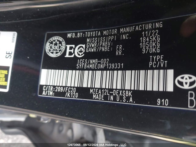 Aukcja sprzedaży 2022 Toyota Corolla, vin: 5YFB4MBE0NP139331, numer aukcji: 12673065