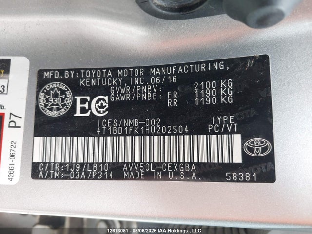 Aukcja sprzedaży 2017 Toyota Camry Hybrid Xle, vin: 4T1BD1FK1HU202504, numer aukcji: 12673081