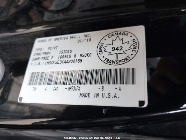 Продаж на аукціоні авто 2010 Honda Accord Lx, vin: 1HGCP2E34AA804189, номер лоту: 12648582