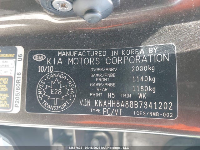 Aukcja sprzedaży 2011 Kia Rondo Ex/ex-premium, vin: KNAHH8A88B7341202, numer aukcji: 12657633