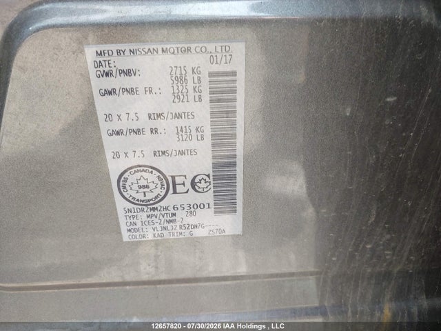 12657820 :رقم المزاد ، 5N1DR2MM2HC653001 vin ، 2017 Nissan Pathfinder Platinum/s/sl/sv مزاد بيع