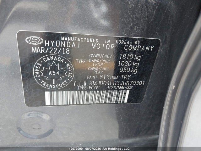2018 Hyundai Elantra Sport მანქანა იყიდება აუქციონზე, vin: KMHD04LB3JU670301, აუქციონის ნომერი: 12673090