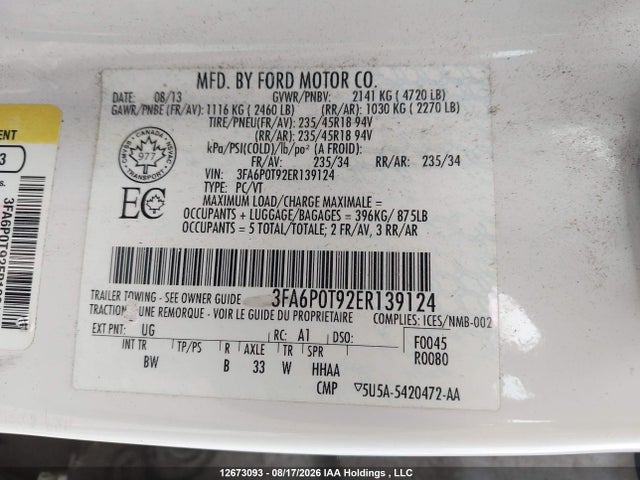 Aukcja sprzedaży 2014 Ford Fusion Se, vin: 3FA6P0T92ER139124, numer aukcji: 12673093