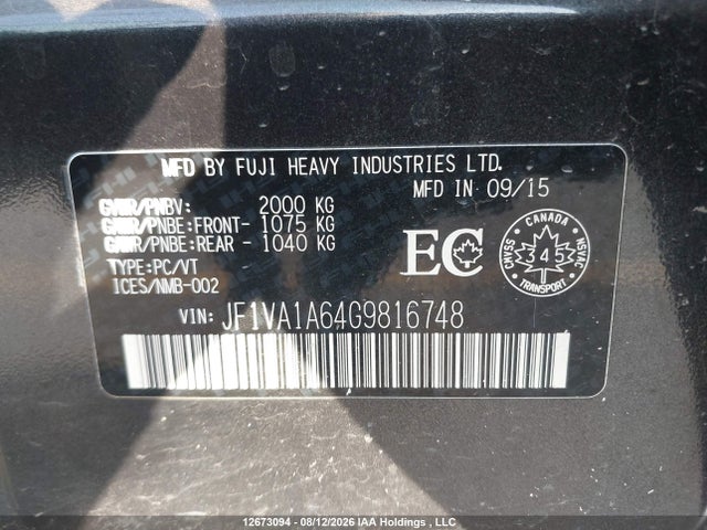 12673094 :رقم المزاد ، JF1VA1A64G9816748 vin ، 2016 Subaru Wrx مزاد بيع