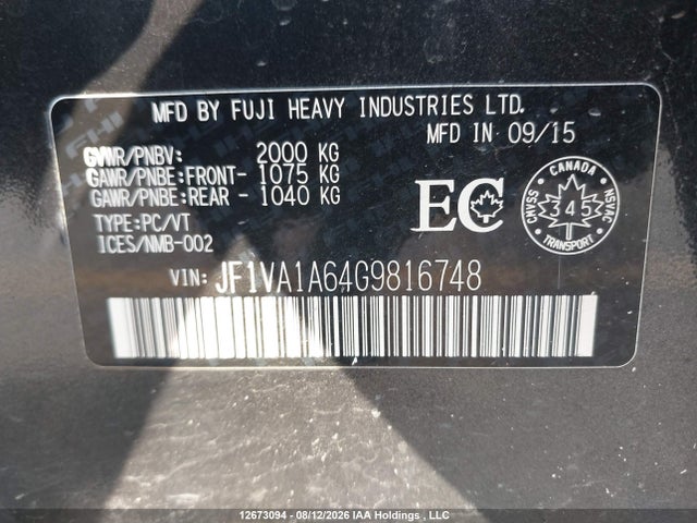 12673094 :رقم المزاد ، JF1VA1A64G9816748 vin ، 2016 Subaru Wrx مزاد بيع