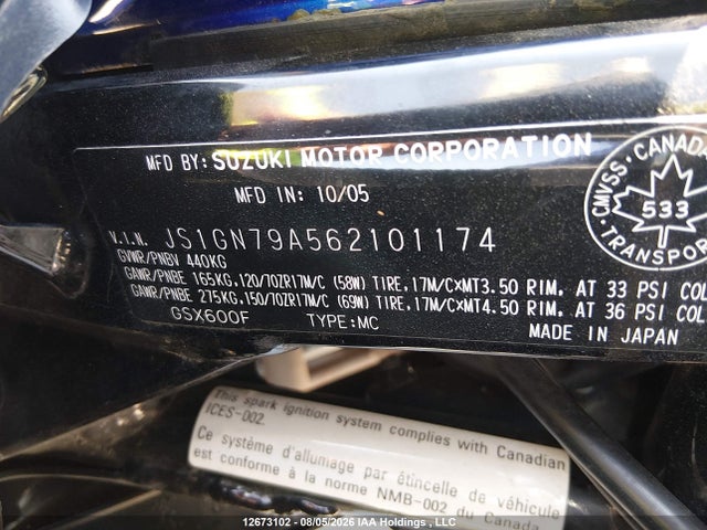 Aukcja sprzedaży 2006 Suzuki Gsx600 F, vin: JS1GN79A562101174, numer aukcji: 12673102