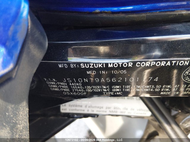 Aukcja sprzedaży 2006 Suzuki Gsx600 F, vin: JS1GN79A562101174, numer aukcji: 12673102