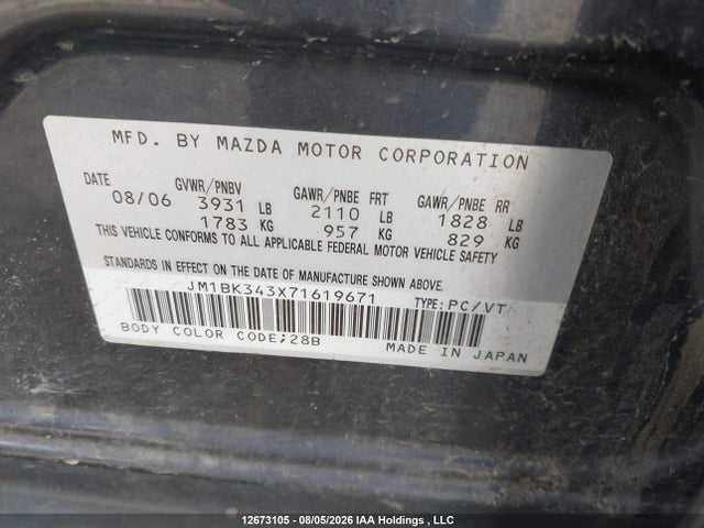 Aukcja sprzedaży 2007 Mazda 3 Hatchback, vin: JM1BK343X71619671, numer aukcji: 12673105