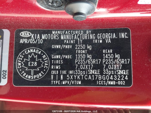 Продаж на аукціоні авто 2011 Kia Sorento Lx, vin: 5XYKTCA17BG043224, номер лоту: 12673109