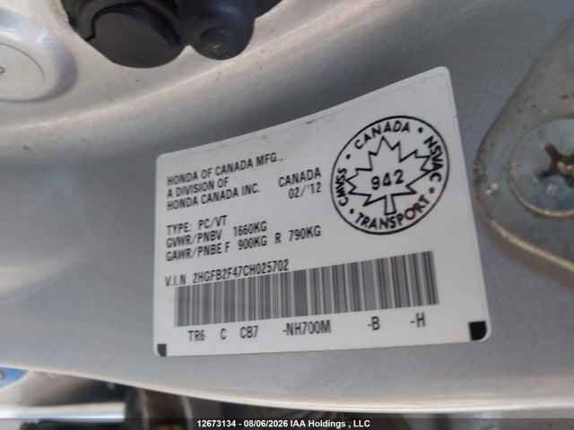 Продаж на аукціоні авто 2012 Honda Civic Lx, vin: 2HGFB2F47CH025702, номер лоту: 12673134