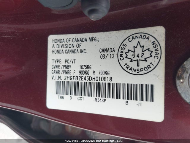 12673150 :رقم المزاد ، 2HGFB2E45DH010618 vin ، 2013 Honda Civic مزاد بيع