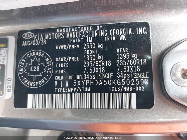 12673166 :رقم المزاد ، 5XYPHDA50KG502593 vin ، 2019 Kia Sorento 3.3l Ex/3.3l Ex+ مزاد بيع