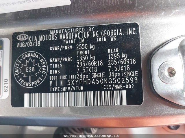 12673166 :رقم المزاد ، 5XYPHDA50KG502593 vin ، 2019 Kia Sorento 3.3l Ex/3.3l Ex+ مزاد بيع