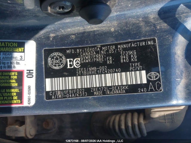 Продажа на аукционе авто 2015 Toyota Corolla L/le/le Pls/prm/s/s Pls, vin: 2T1BURHE1FC420740, номер лота: 12673168