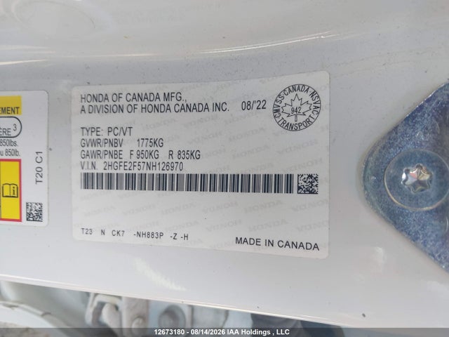 2HGFE2F57NH126970 Honda Civic Sport