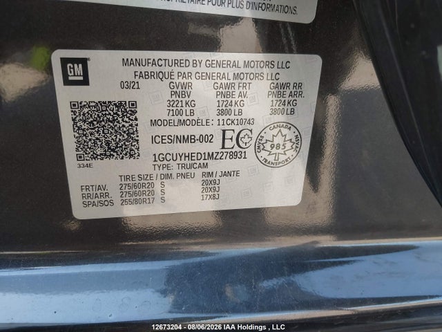 Продаж на аукціоні авто 2021 Chevrolet Silverado 1500 High Country, vin: 1GCUYHED1MZ278931, номер лоту: 12673204