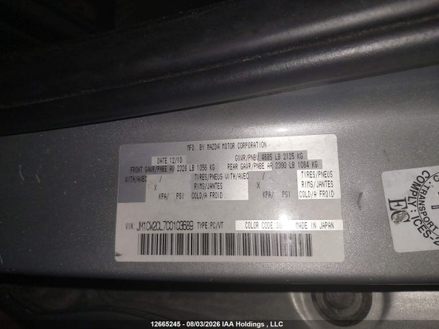 12665245 :رقم المزاد ، JM1CW2CL7C0103689 vin ، 2012 Mazda Mazda5 Gs مزاد بيع