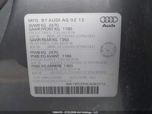 Продажа на аукционе авто 2012 Audi Q5 2.0t Premium Plus, vin: WA1VFCFP4CA083712, номер лота: 12664182