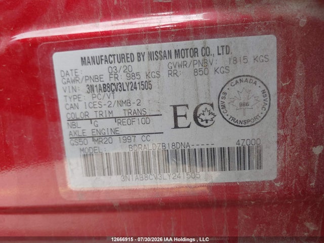 3N1AB8CV3LY241505 Nissan SENTRA SV