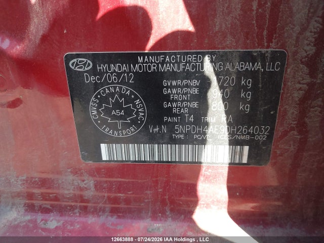 12663888 :رقم المزاد ، 5NPDH4AE9DH264032 vin ، 2013 Hyundai Elantra Gl مزاد بيع