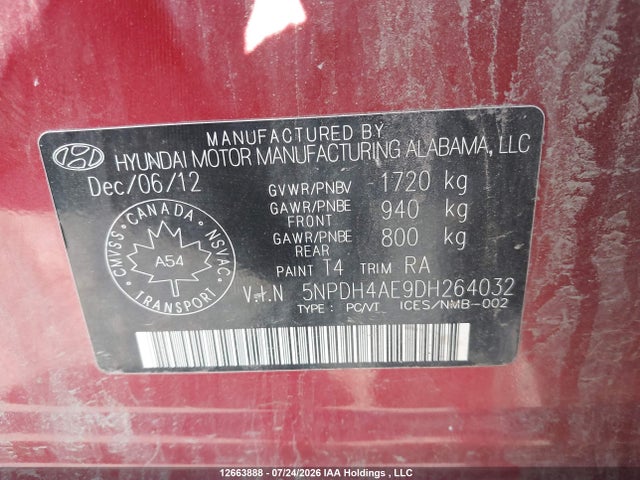 12663888 :رقم المزاد ، 5NPDH4AE9DH264032 vin ، 2013 Hyundai Elantra Gl مزاد بيع