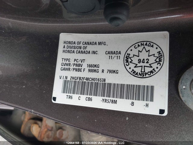 Продаж на аукціоні авто 2012 Honda Civic Lx, vin: 2HGFB2F48CH016538, номер лоту: 12664168