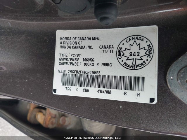 Продаж на аукціоні авто 2012 Honda Civic Lx, vin: 2HGFB2F48CH016538, номер лоту: 12664168