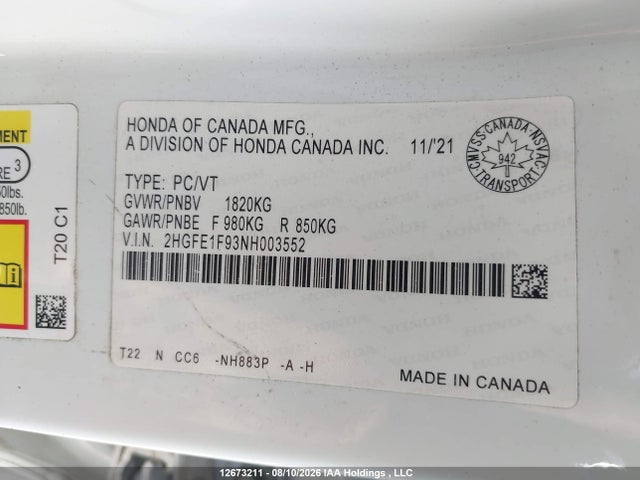 Aukcja sprzedaży 2022 Honda Civic Touring, vin: 2HGFE1F93NH003552, numer aukcji: 12673211