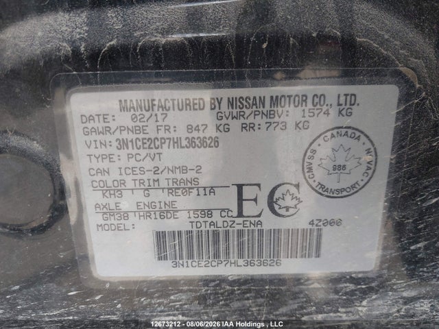 2017 Nissan Versa Note S/s Plus/sv/sl/sr მანქანა იყიდება აუქციონზე, vin: 3N1CE2CP7HL363626, აუქციონის ნომერი: 12673212