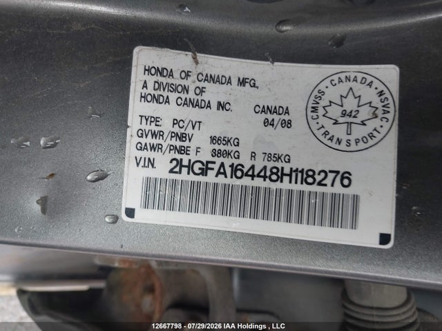 12667798 :رقم المزاد ، 2HGFA16448H118276 vin ، 2008 Honda Civic Dx-g مزاد بيع