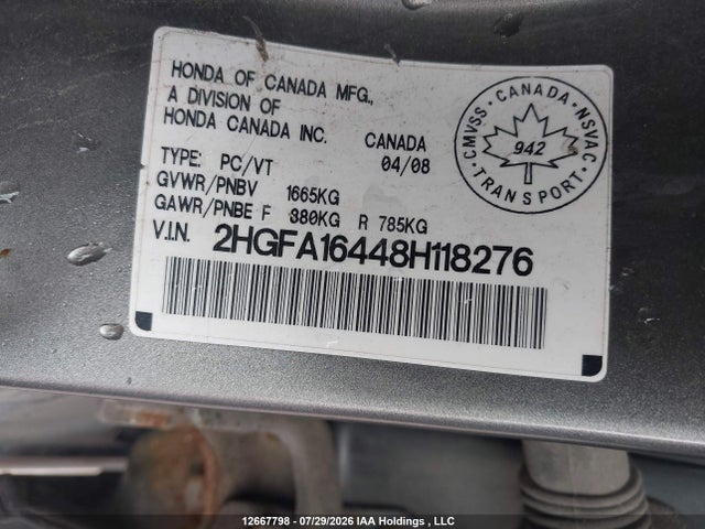 12667798 :رقم المزاد ، 2HGFA16448H118276 vin ، 2008 Honda Civic Dx-g مزاد بيع